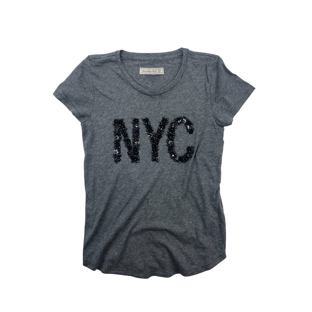 Abercrombie & Fitch Women's Size XS Gray Sequin NYC Logo Short Sleeve T-Shirt